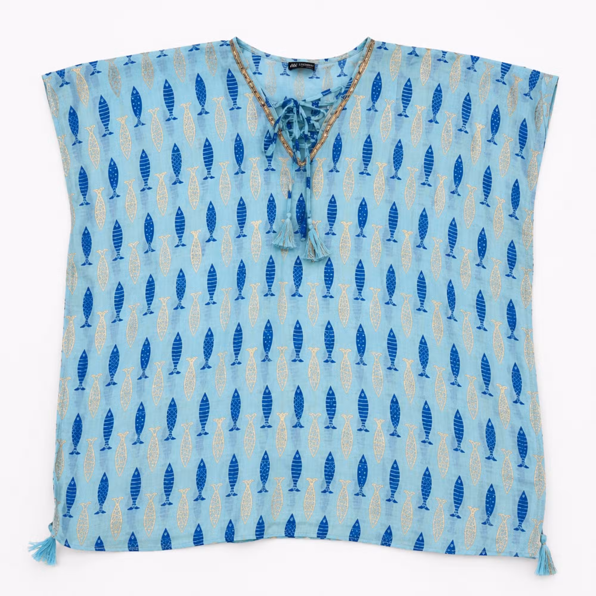 (imagem de) Nomad Sari - Kaftan Turquesa com Peixes Azuis & Dourados
