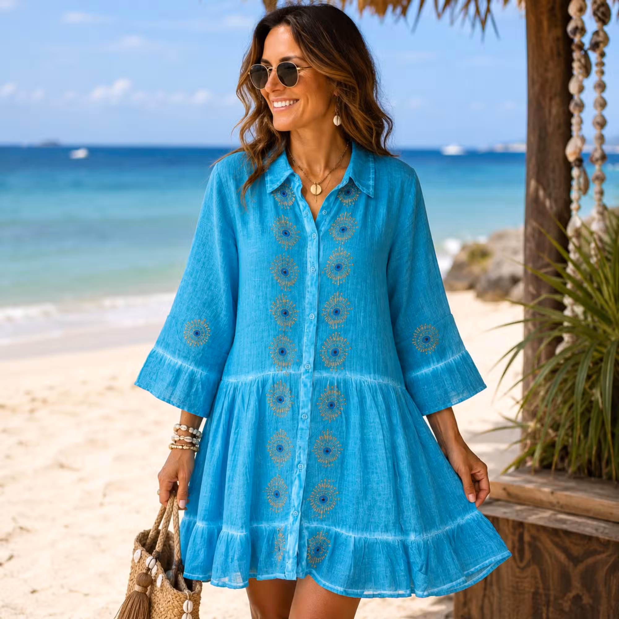 (imagem de) Nomad Sari - Vestido Túnica Turquesa com Olho Grego