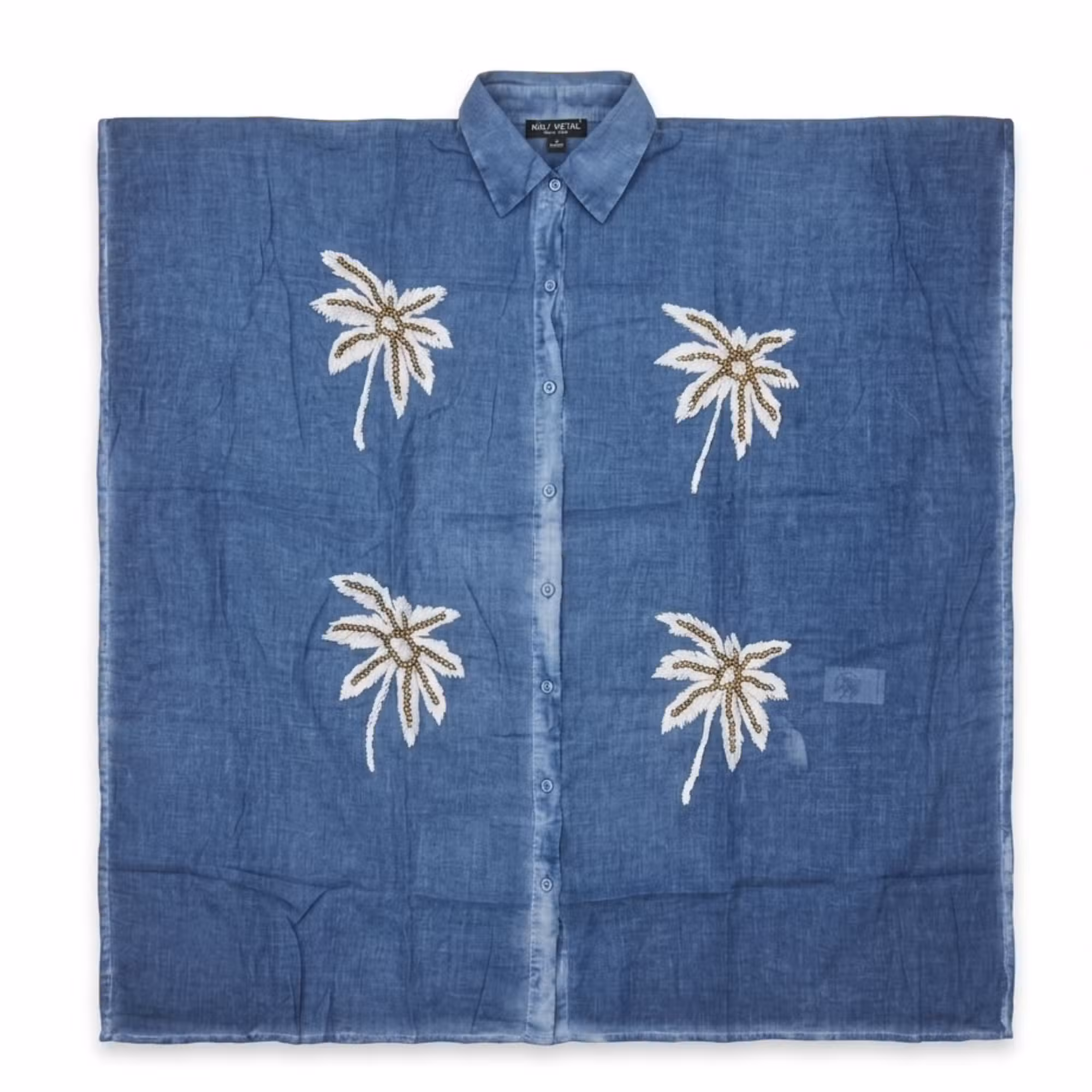 (imagem de) Nomad Sari - Kaftan Azul com Palmeiras Douradas & Brancas