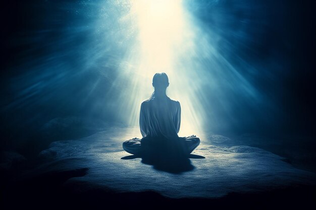 Silhueta de uma pessoa a meditar com uma luz brilhante na zona do terceiro olho
