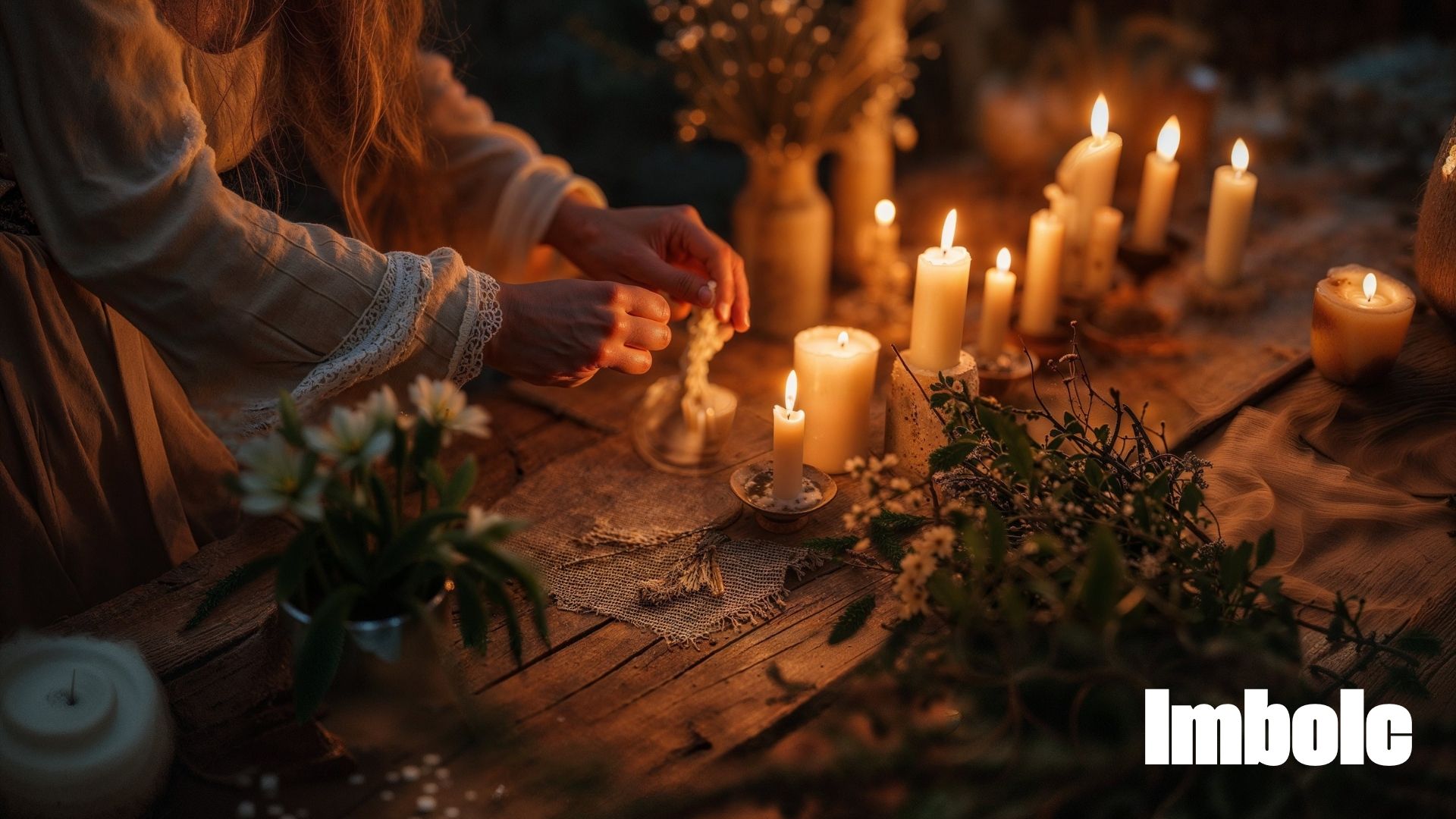 Uma vela branca acesa sobre a neve, com os primeiros rebentos de flores a surgir ao lado.