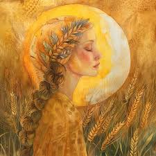 Uma imagem de um campo de trigo dourado, pronto para a colheita, com o sol a pôr-se ao fundo.