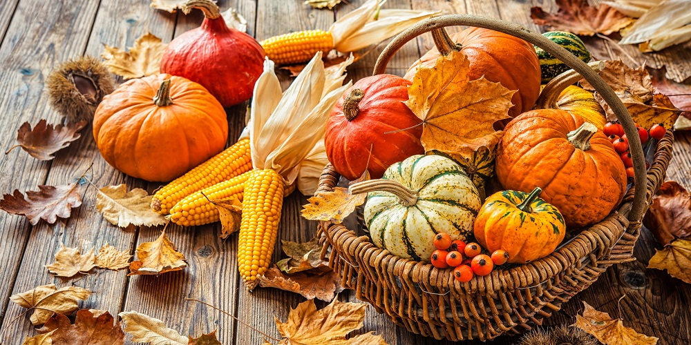 Uma mesa de altar decorada para Mabon, com abóboras, folhas de outono e velas.
